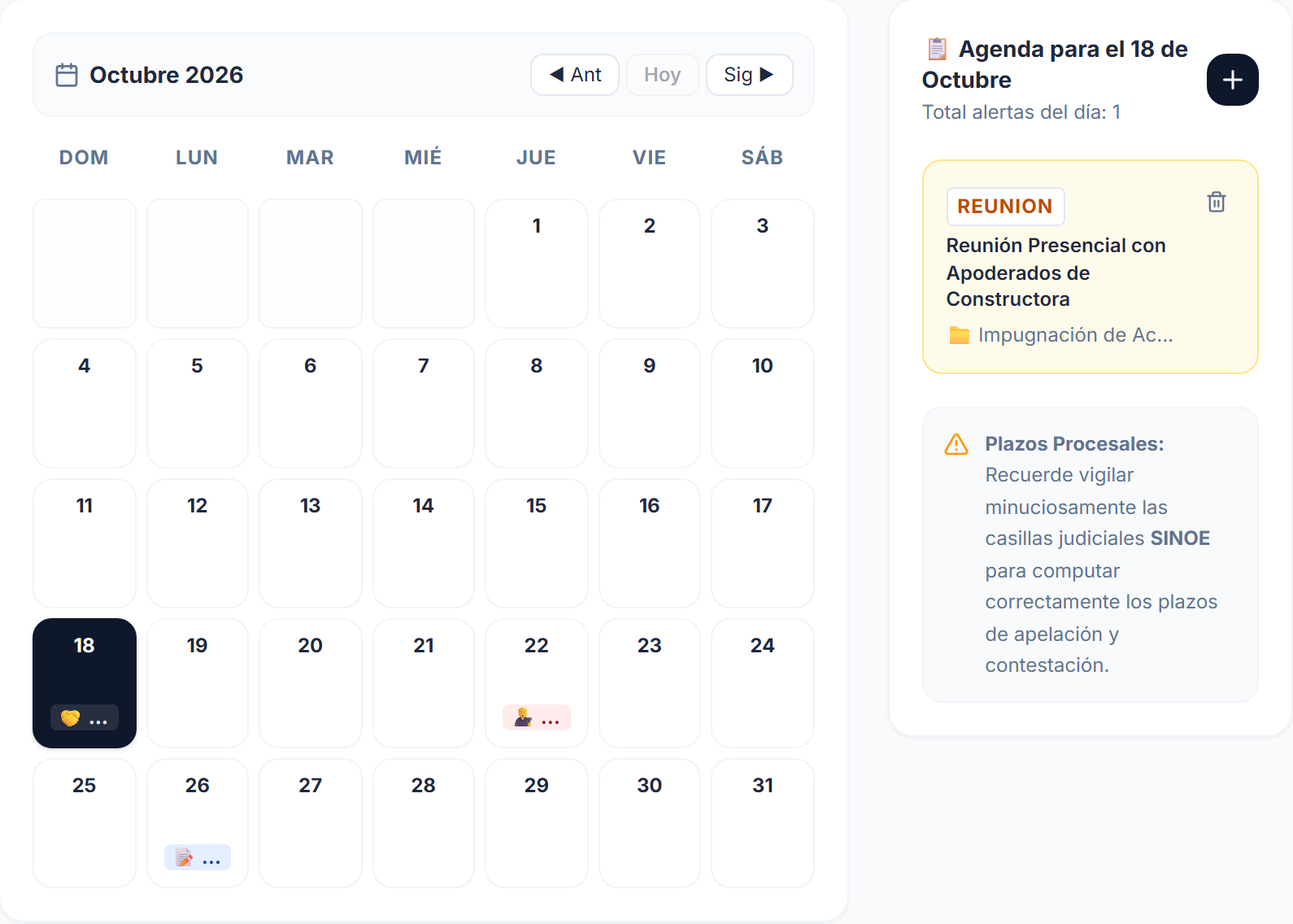 Calendario de plazos y alertas de octubre con una reunión, una audiencia y un escrito marcados.