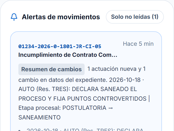 Alerta de movimiento nuevo en el expediente 01234-2026-0-1801-JR-CI-05 con el resumen del cambio.