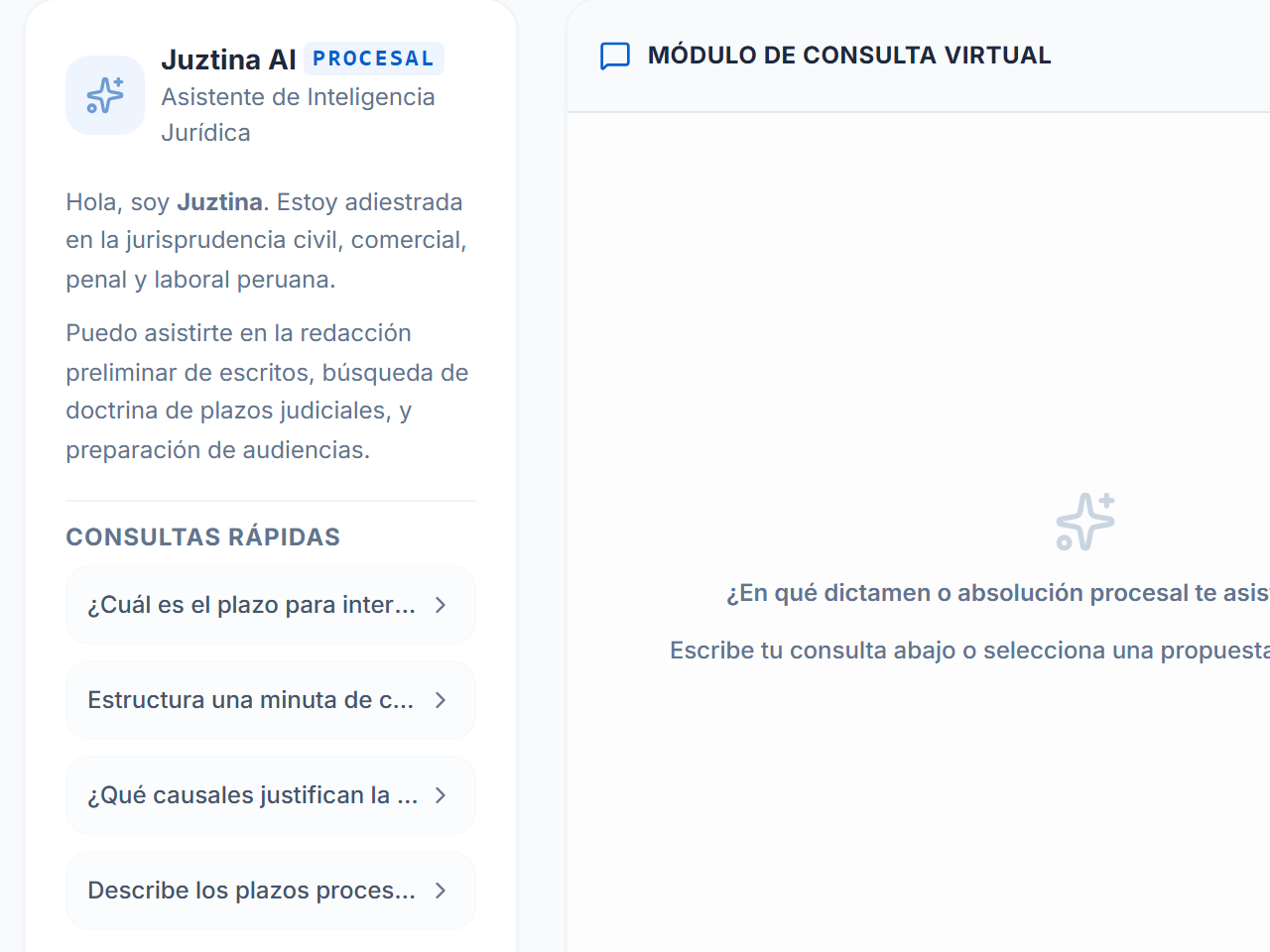 Juztina, la asistente de Lexkora, con consultas rápidas sobre plazos y escritos.